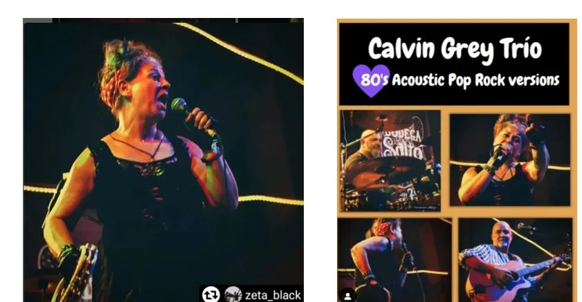 Angie cantando con Calvin Grey Trio, versiones acústicas de pop rock de los 80