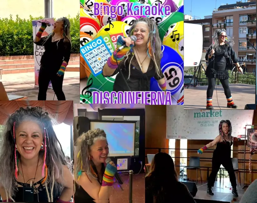Collage de Angie actuando como Discoinfierna, con el cartel «Bingo Karaoke»